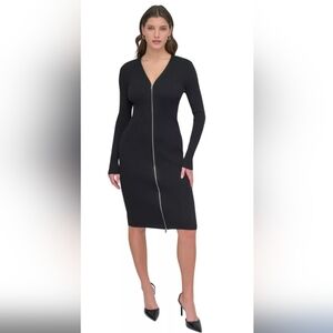 DKNY Black Ribbed Zip-Front Long Sleeve Midi Dress